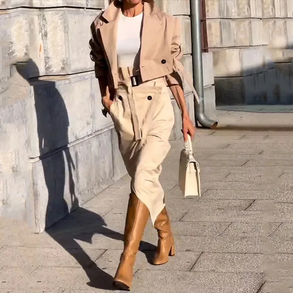 Fashion Two Piece Sets Outfits Office Lady Tracksuit Street Wear Cargo Set Long Sleeve Jacket and Wrap High Split Skirts Suit