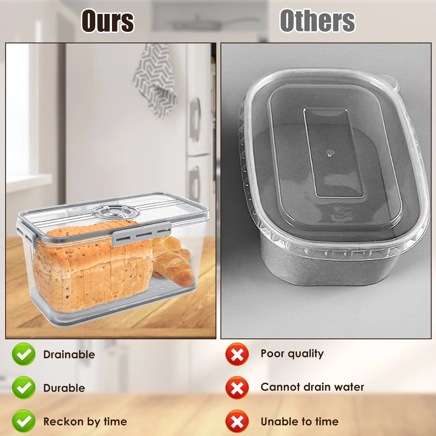 Bread Box Countertop Airtight Loaf Bread Storage Container Time Recording Bread Keeper Bread Holder Bin for Homemade Bread Bun