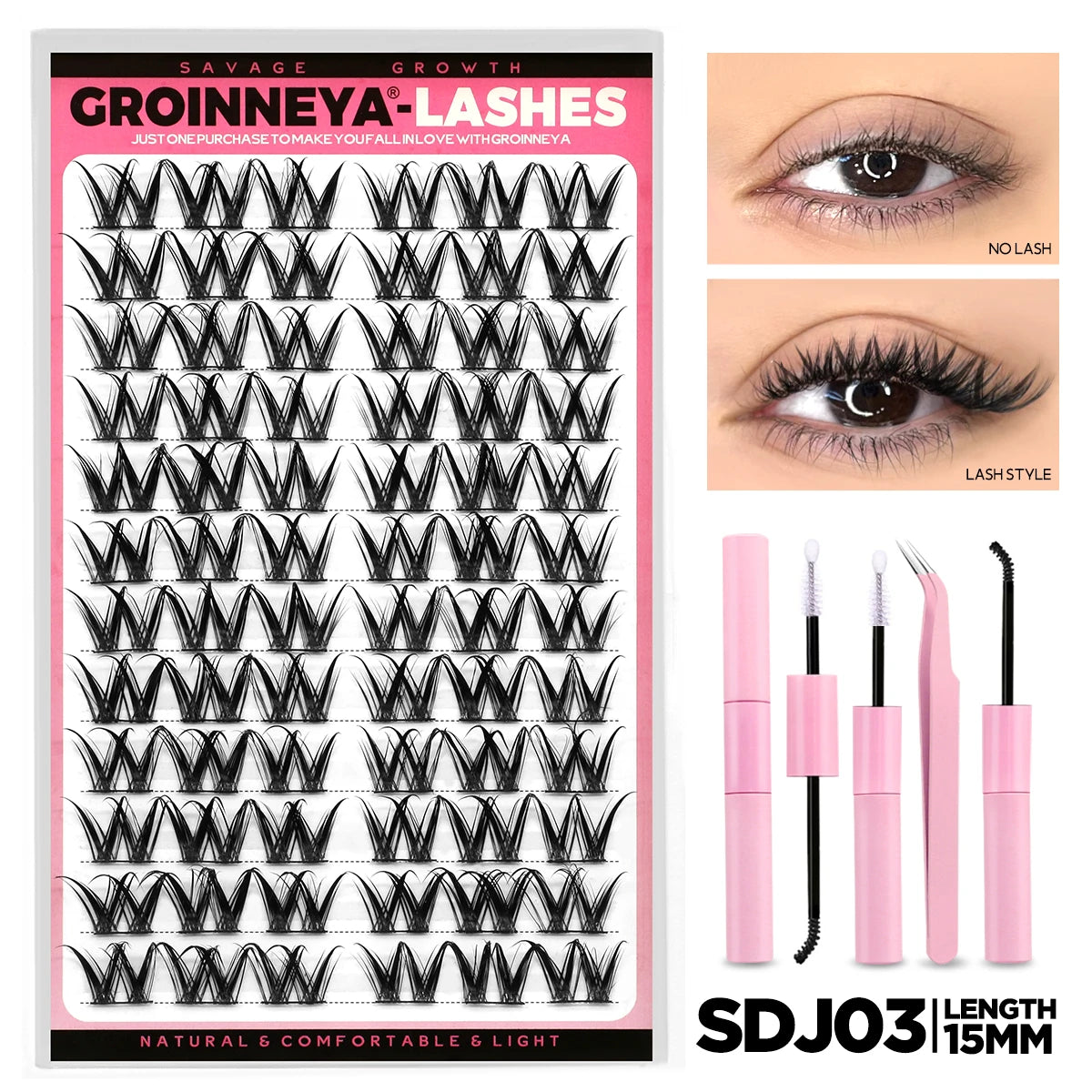 GROINNEYA Lash Clusters Kit DIY Lash Extension Volume Waterproof Individual Lashes Clusters Kit Lash Bond & Seal & Lash Tweezers