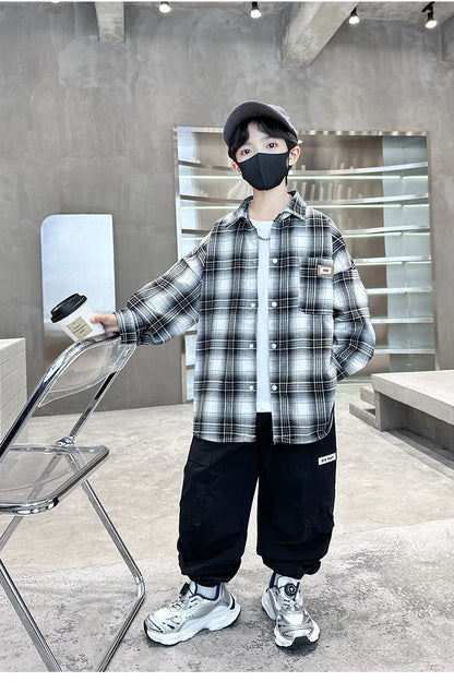 Baby Boys Shirts Fashion Classical Black White Color Plaid Blouse Gentlemen's Long Sleeve Shirt Teen Kids Tops Boys Clothes 5-14