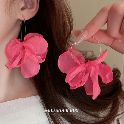 1 Pair Fabric Circles Tulle Pink/white Flower Earrings Fashionable Advanced Temperament New Bohemian Earrings