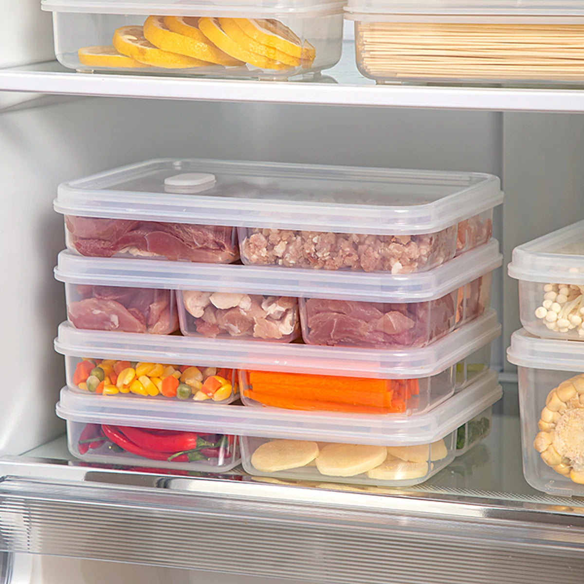 WORTHBUY 4/6-Grids Fridge Sealed Fresh-Keeping Box With Lid Plastic Freezer Food Storage Box Reusable Food Container For Kitchen