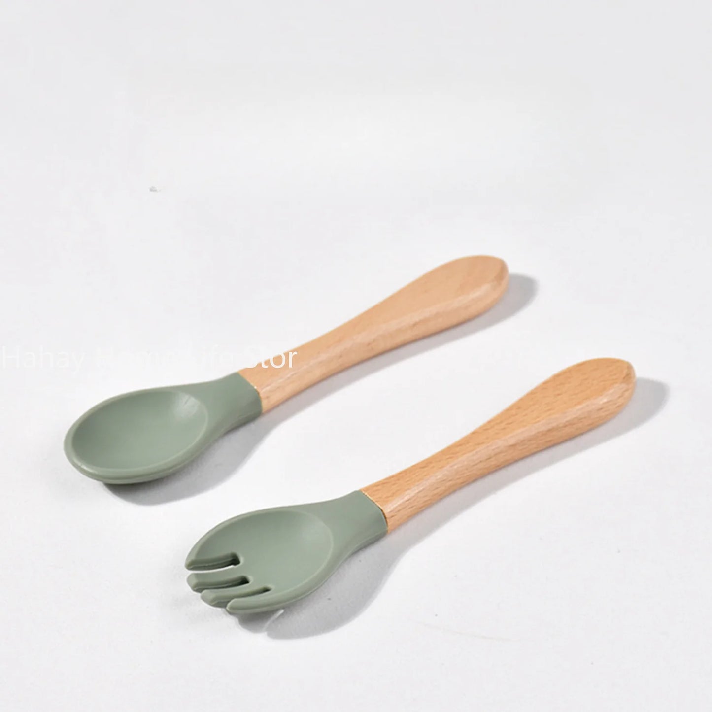 Baby Silicone Feeding Set with Wooden Handle Soft Training Spoon and Fork for Kids