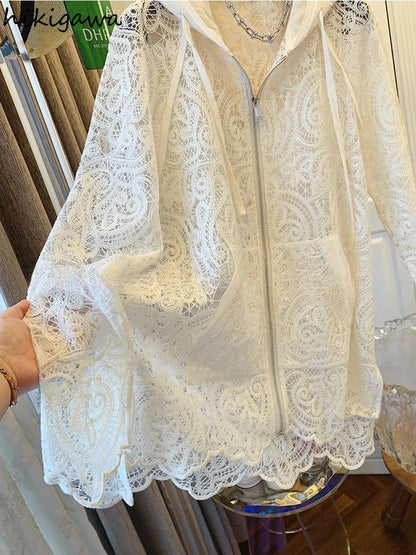 Oversized Tops Temperament Coat Women's Clothing Hooded Lace Hollow Out Outwear 2025 Ropa Mujer Casual Summer Fashion Jackets