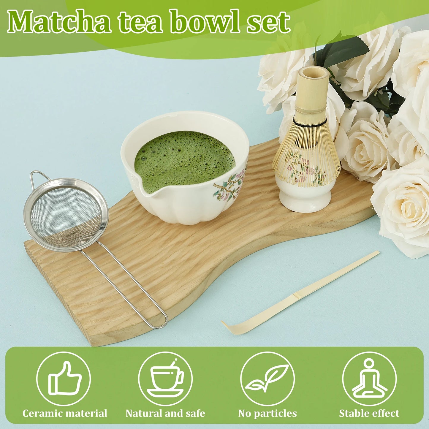 Matcha Whisk and Bowls Kit with Whisk Holder Scoop and Sifter Japanese Style Matcha Making Set Teaset Giftbox for Tea lovers