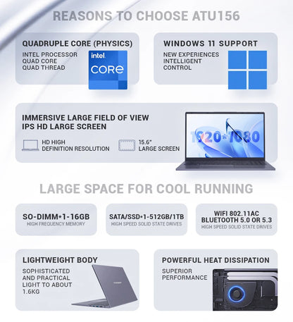 Firebat AT15 Laptop Intel N150 N100 CPU 15.6 Inch 16GB RAM SSD 512GB 1TB Lightweight Business Computer Notebook BT4.2 WiFi5