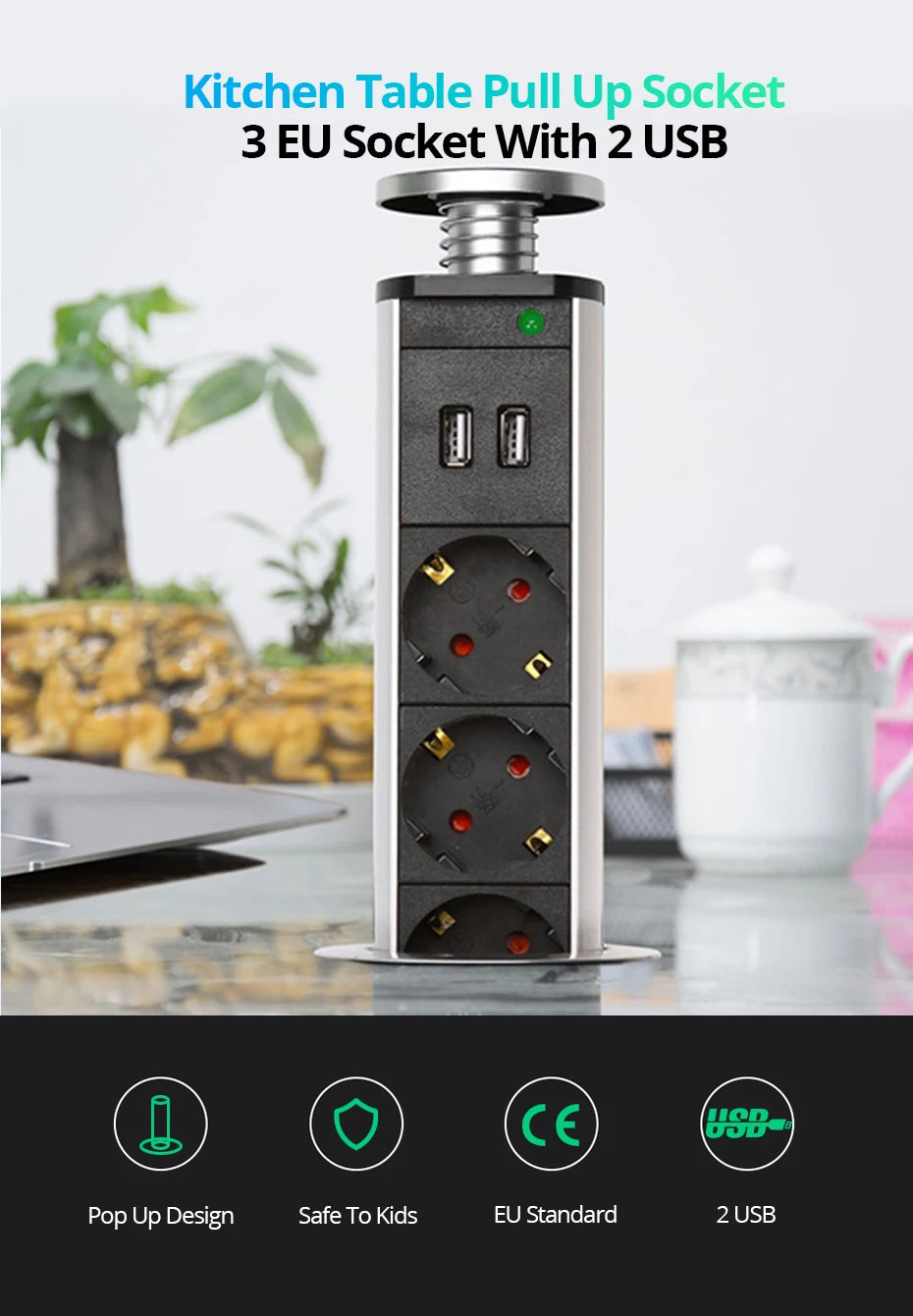 Wallpad Pull Pop Up Desktop Socket 3 Outlets 2.4A USB Ports or No 2M Extension Plug Retractable Aluminum Body For Kitchen Tabel