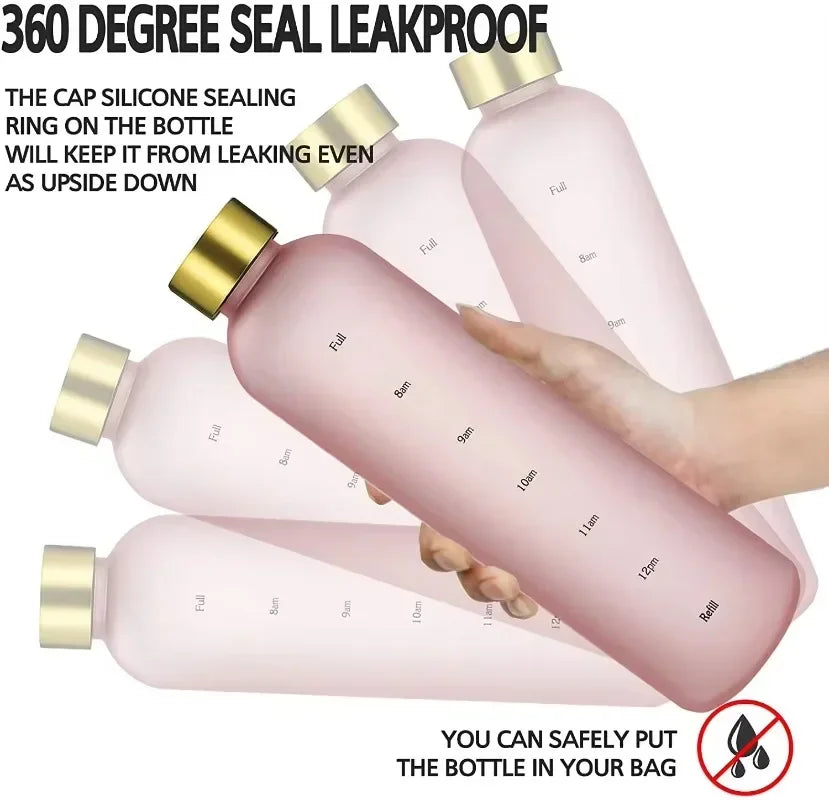 1L Water Bottle with Time Marker 320Z Large Capacity Reusable Fitness Sports Outdoors Travel Leakproof BPA Free Frosted Plastic