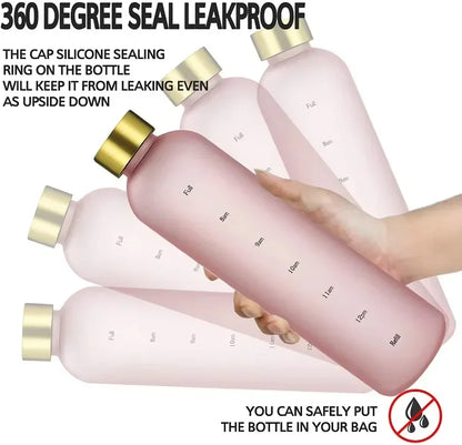 1L Water Bottle with Time Marker 320Z Large Capacity Reusable Fitness Sports Outdoors Travel Leakproof BPA Free Frosted Plastic