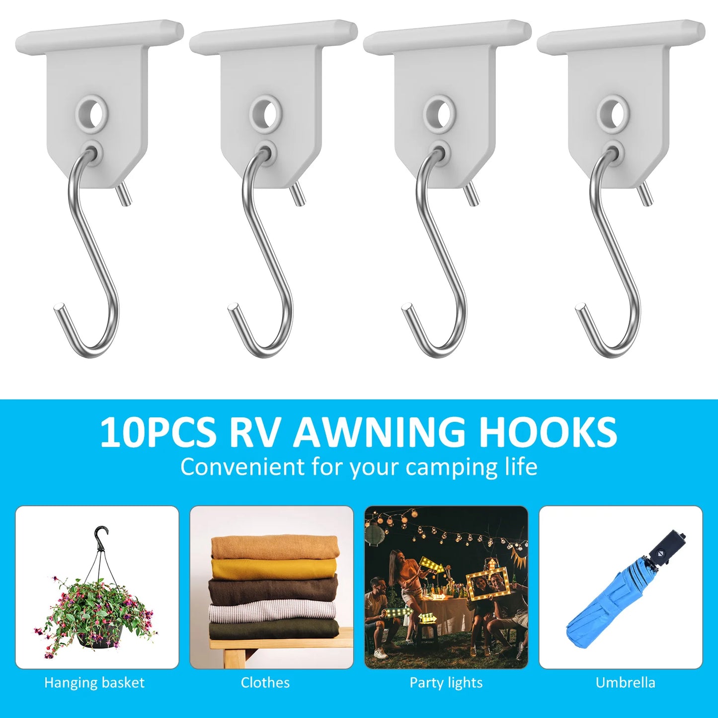 10Pcs Sturdy Awning Hooks for RV S Shaped Camping Awning Hooks Metal Party Light Hangers Hats Outdoor Camper Hanging Accessories