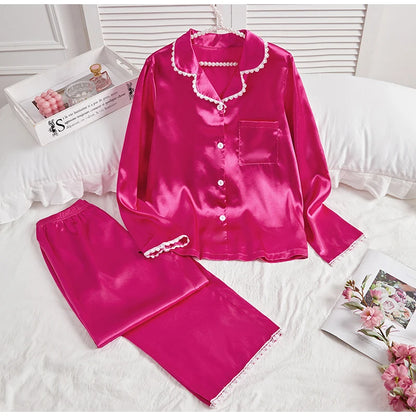 Women's sleepwear two piece set spring autumn satin long sleeved top long pants two piece set casual  comfortable home suit set