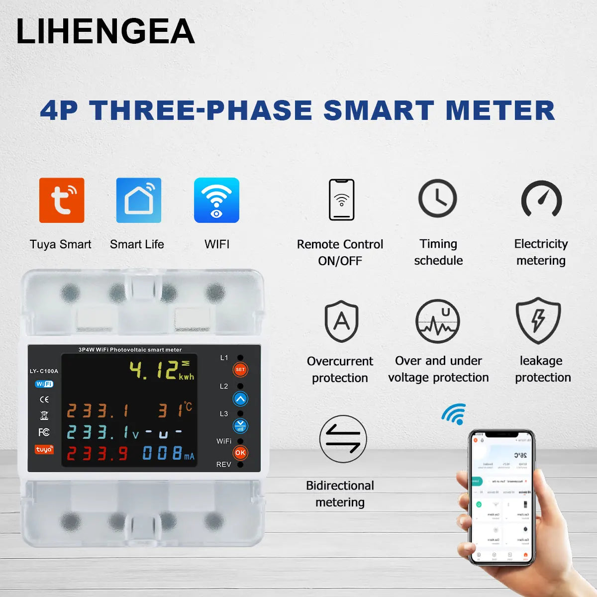 Smart Life Energy Monitoring 100A Tuya WiFi 3-Phase Meter with Bi-Directional Auto-Reclosing Relay