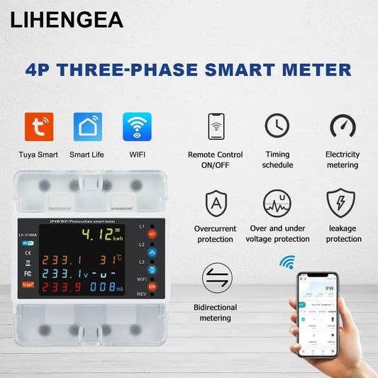Smart Life Energy Monitoring 100A Tuya WiFi 3-Phase Meter with Bi-Directional Auto-Reclosing Relay