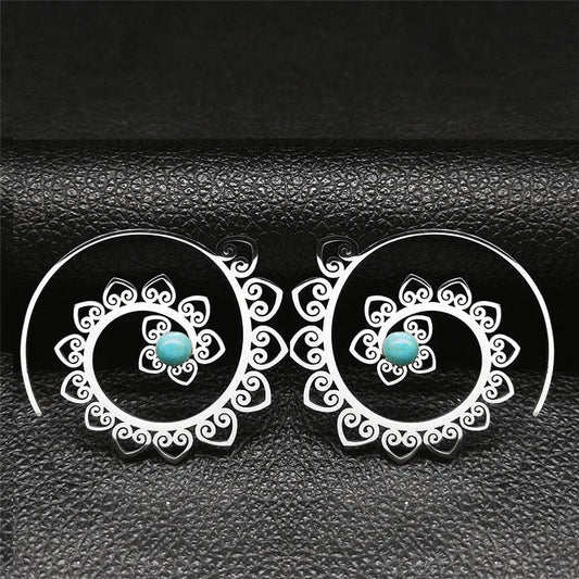 Vintage Ethnic Indian Carved Mandala Flower Dangle Earrings Stainless Steel Stone Boho Hollow Earring Jewelry pendientes flor