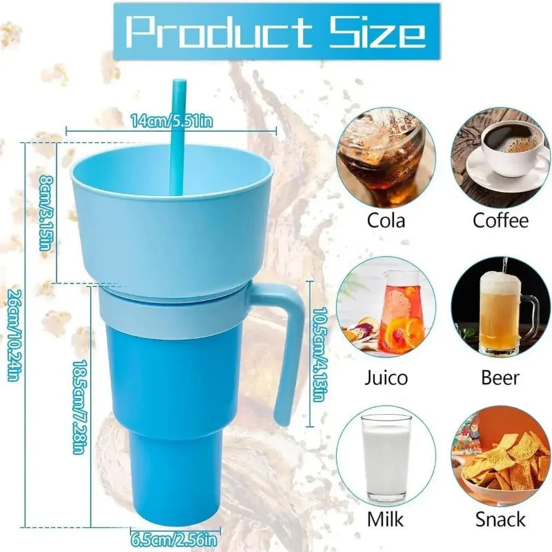 New 2 IN 1 Creative Popcorn Snack Cup Integrated Beverage Cup with Handle Portable Beverage Cup Novel Design and Many Functions