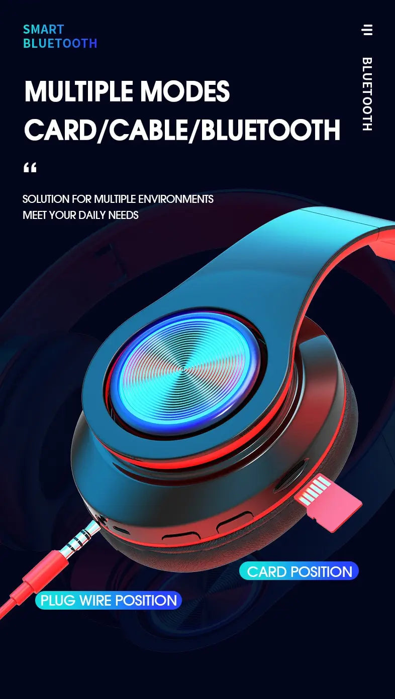 over-ear bluetooth headset wireless subwoofer headset folding card colorful luminous headset