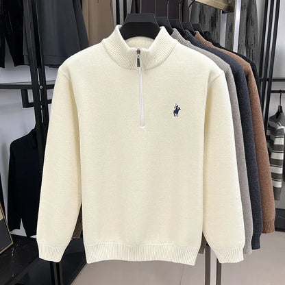 Winter Men's Ferret Fleece Embroidered Zipper Stand Up Collar Head Knitwear Plush Thick Soft Sweater  Mens Clothes  Pull Coreen