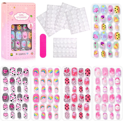 120Pcs Children's Press on Nails Kids Cartoon Acrylic Fake Nails Tips Kawaii Girl Full Cover Short False Nails With Jelly Glue#@