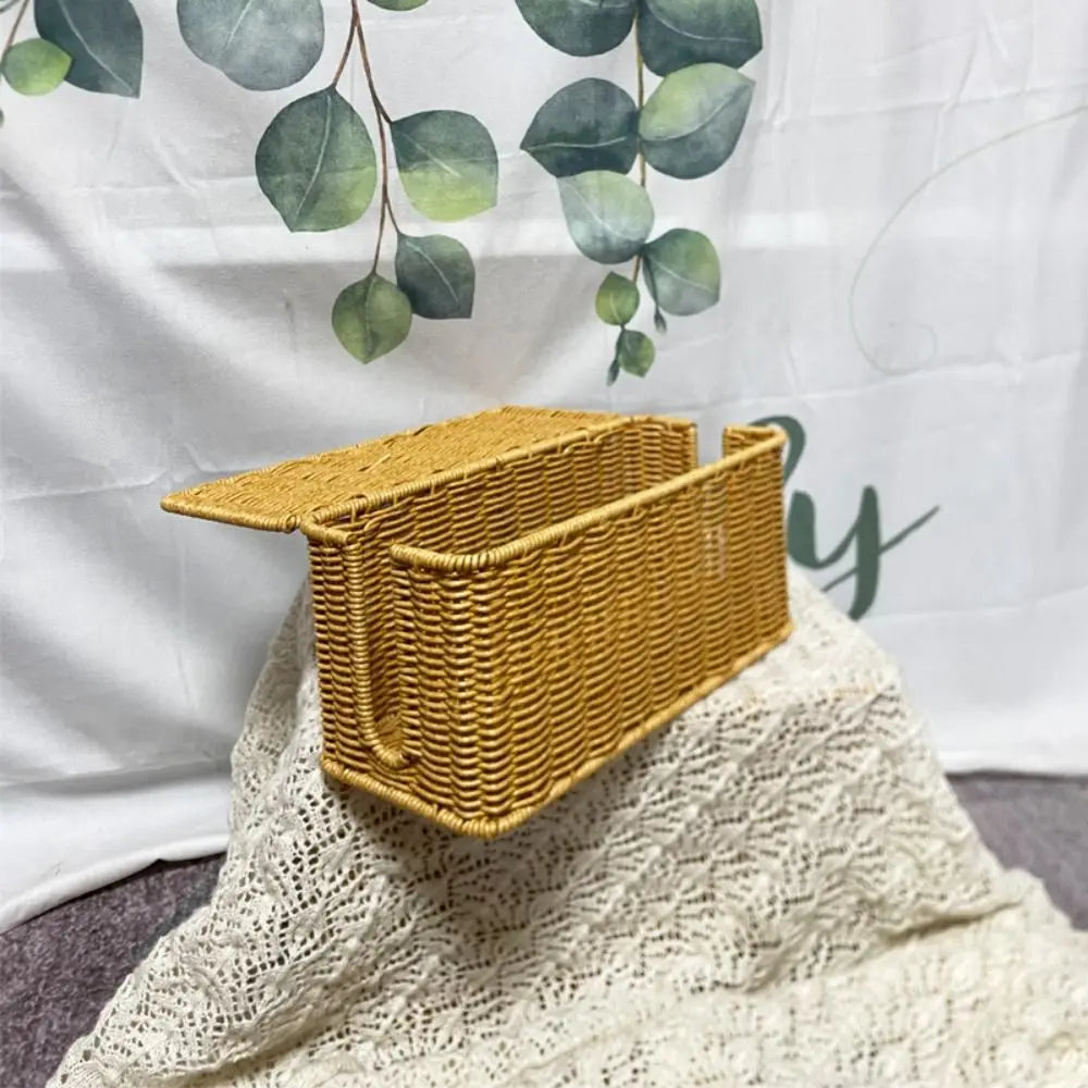 Handwoven Cable Management Box with Lid Hide Power Strip and Router Imitation Rattan Box 2 Open Slots Cord Organizer Hider Box