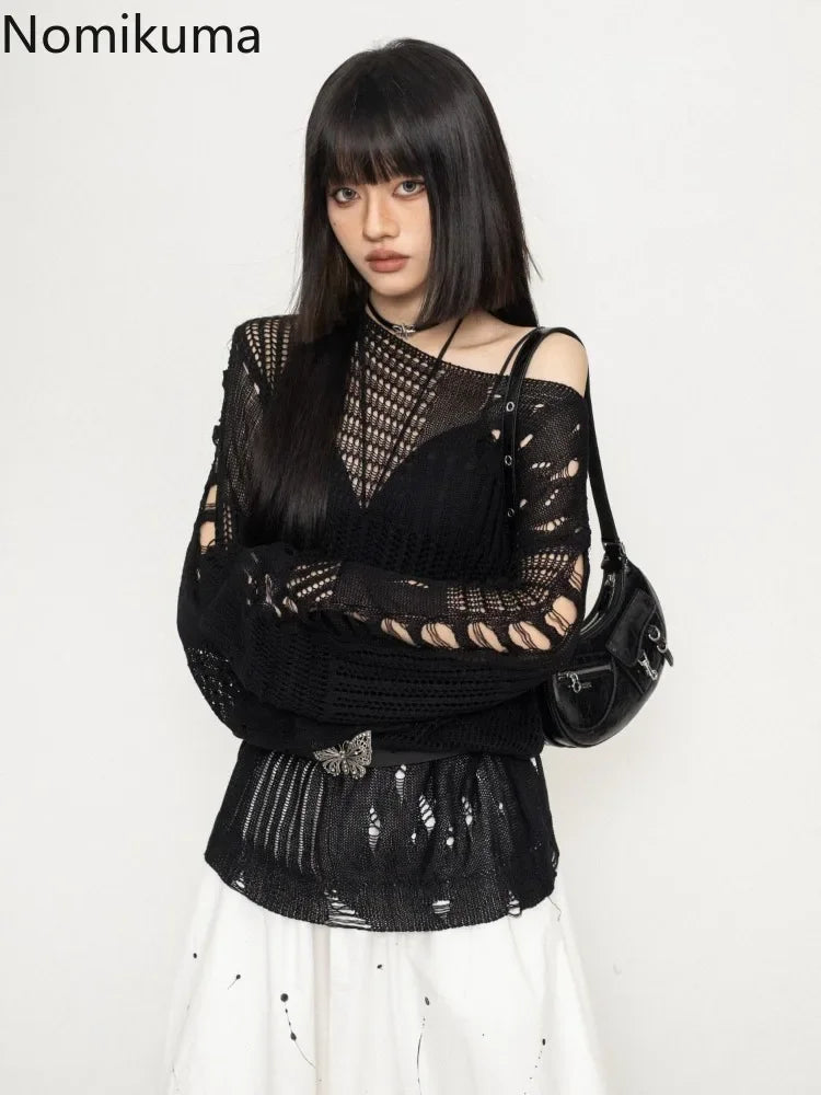 Oversized Sweater for Women Long Sleeve Harajuku Jumper Sueter Mujer Hollow Out Knitted Pullovers Y2k Tops Fashion Pull Femme