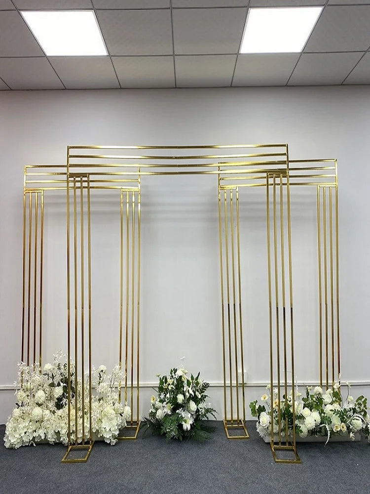 Shiny Gold-Plated Square Screen Backdrop Shelf, Wedding Arch, Geometric Flower, Door Stand, Artificial Flor, 2.2m, 3Pcs
