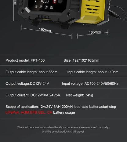 20A/10A Car Motorcycle Battery Charger 12V/24V Smart Charger Lithium AGM GEL Lead-Acid LiFePO4 Battery Chargers