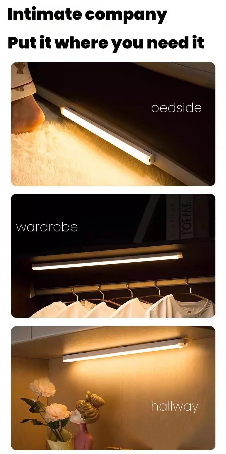 Smart Motion Sensor LED Night Light Rechargeable Human Body Infrared Sensing Cabinet Lamp for Kitchen Hallway Bath Room