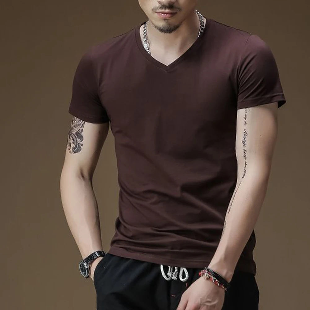 Mens T Shirt Solid Colour V Neck Short Sleeve Top T Shirt Leggings Gym Wear