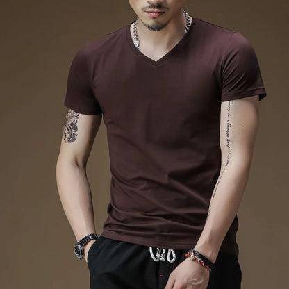 Mens T Shirt Solid Colour V Neck Short Sleeve Top T Shirt Leggings Gym Wear