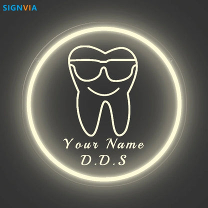 Custom Neon LED Tooth Sign with Glasses USB-Powered Wall Decor for Dental Parties Personalized Name White Light Circular Decor