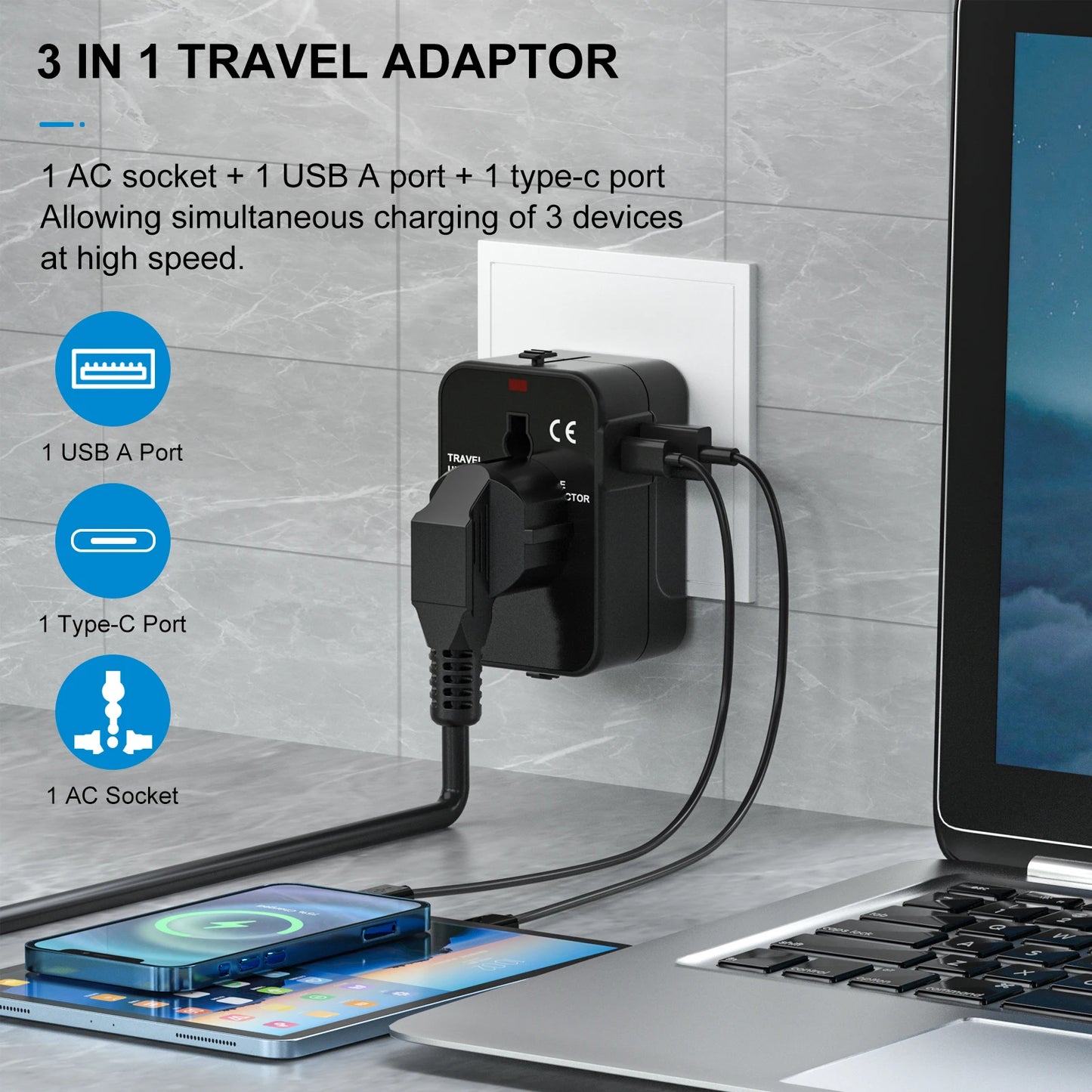 Universal Travel Adapter, International All-in-One Travel Plug Adapter 2.4A Type C 2.4A USB-A EU/UK/USA/AUS Plug for Travel