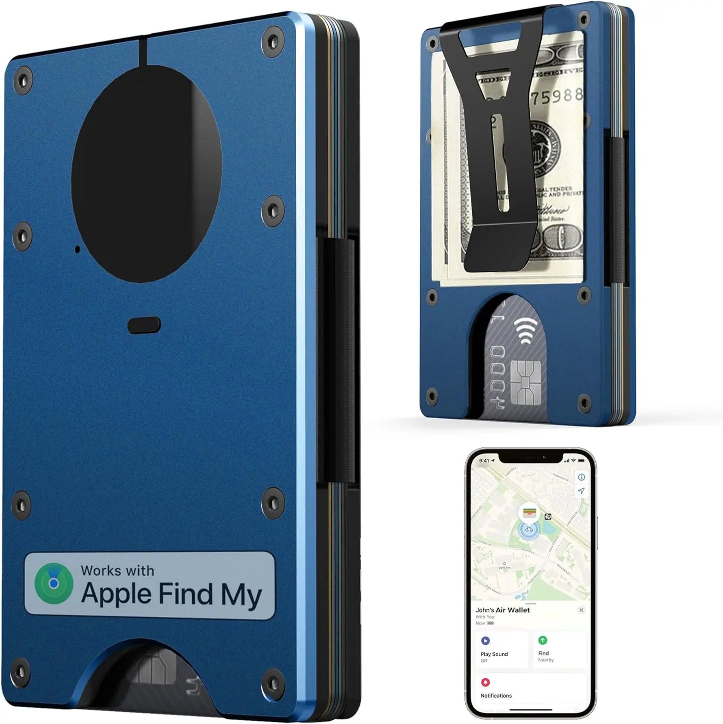 RFID Blocking Credit Card Holder, Slim Wallet For Men, Compatible with Find My iOS Only, Detachable Money Clip