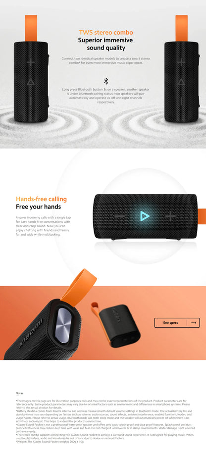 NEW Xiaomi Sound Pocket IP67 Bluetooth 5.4 Portable Speaker TWS Stereo Combo 1000mAh 10-Hour Ultra-Long Battery Life Microphone