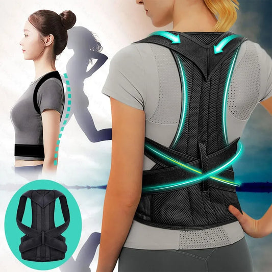 Back posture corrector is adjustable with breathable shoulder and waist support straps