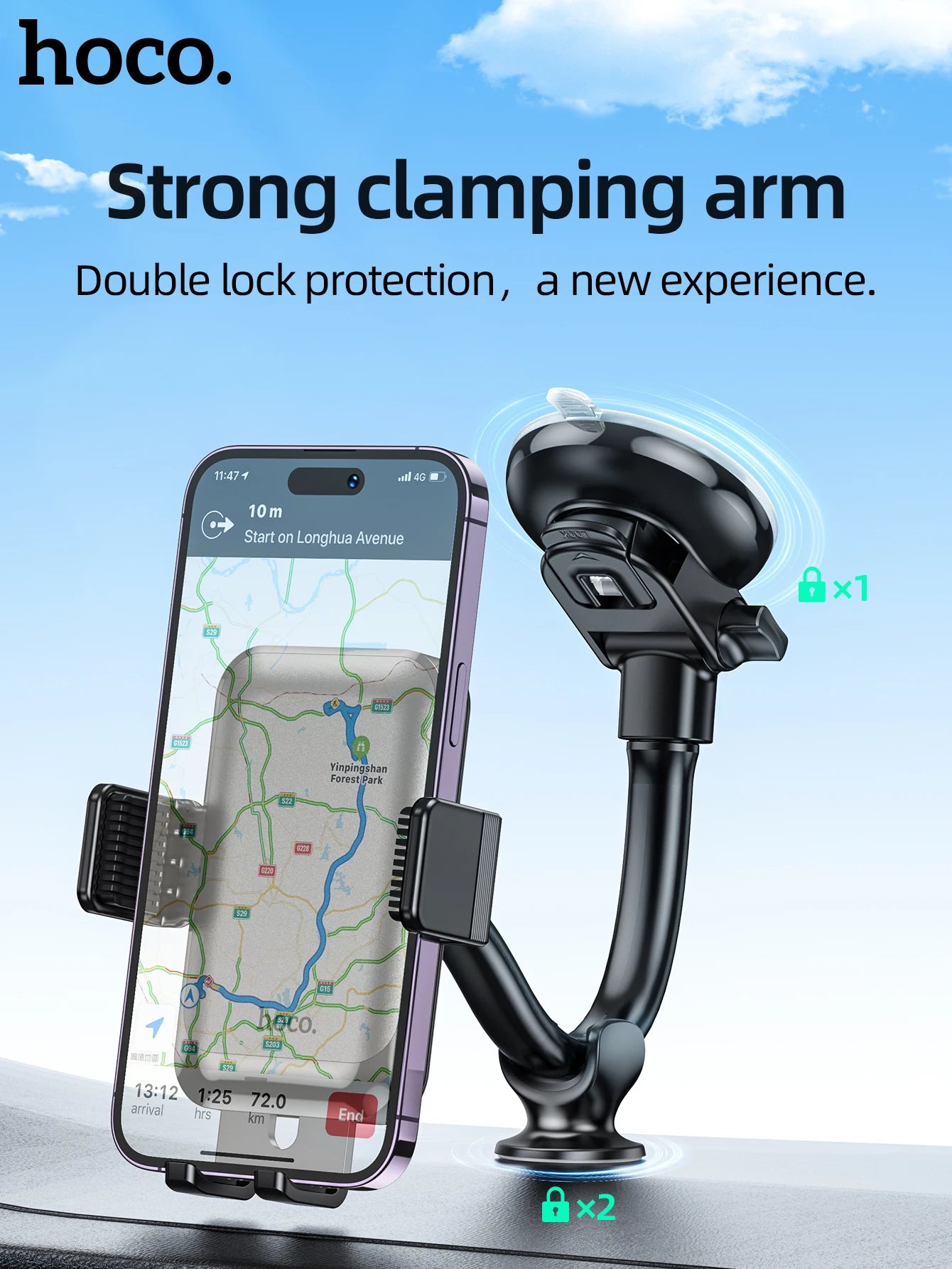 HOCO Car Center Console Windshield Phone Holder For iPhone 16/15 Pro Max Handsfree Universal Phone Mount For 4.7-7 inch Phones