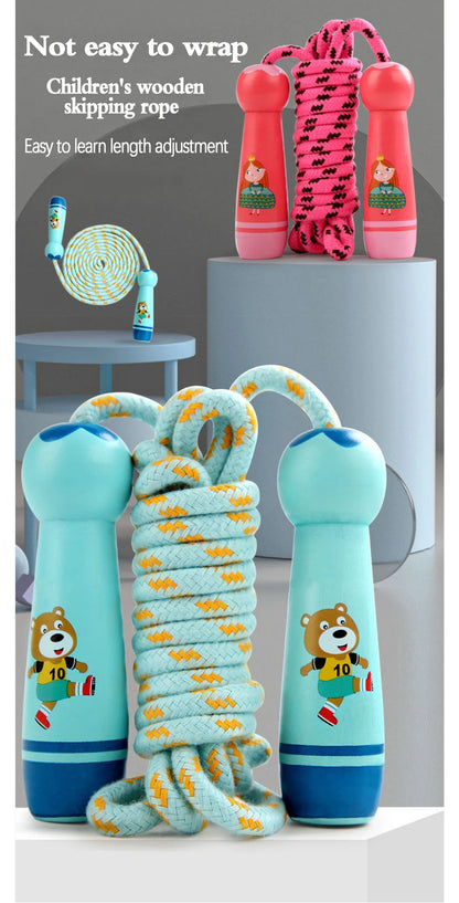 Children's Sports Adjustable Cotton Rope  Ropes Sport Fitness Lovely Cartoon Skipping Natural Wooden Handle Fillet Design