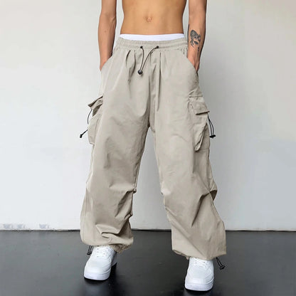 Mens Casual Sports Cargo Pants Woven Pocket Foot Rope Street Tie Solid Pants Mens Multi-Pockets Cargo Pants Pantalones Hombre