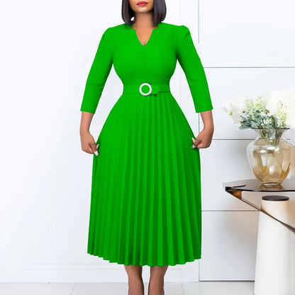 Office Dresses for Women V Neck Full Sleeve Belt Waisted Pleated Mid Calf Elegant Female Business Work Wear Dress Midi Cloth New