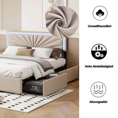 Double Bed, Upholstered Bed 160 x 200 cm, LED Bed Frame, Storage Bed with 4 Drawers and Slatted Frame, Headboard, Youth Bed
