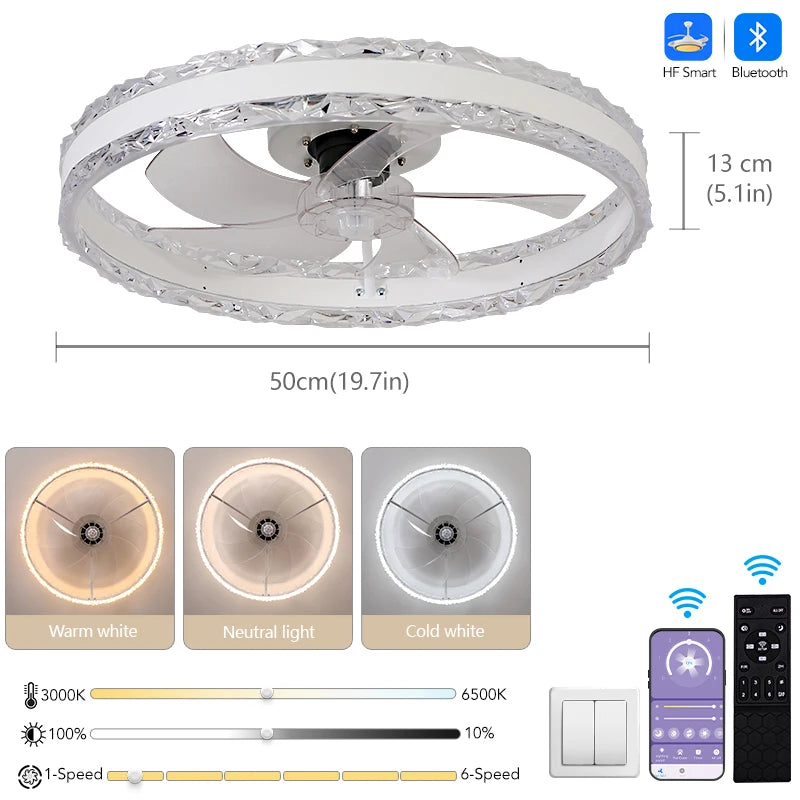 Smart Ceiling Fans With Light Slim Build Dimmable 6-speed Adjustment 50cm Electric Fan Silent Deco For Bedroom Study Dining Room