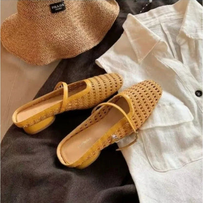 Fashionable slippers, women's hollow toe half-slippers, 2025 summer new square-toed low-heel comfortable women's shoes