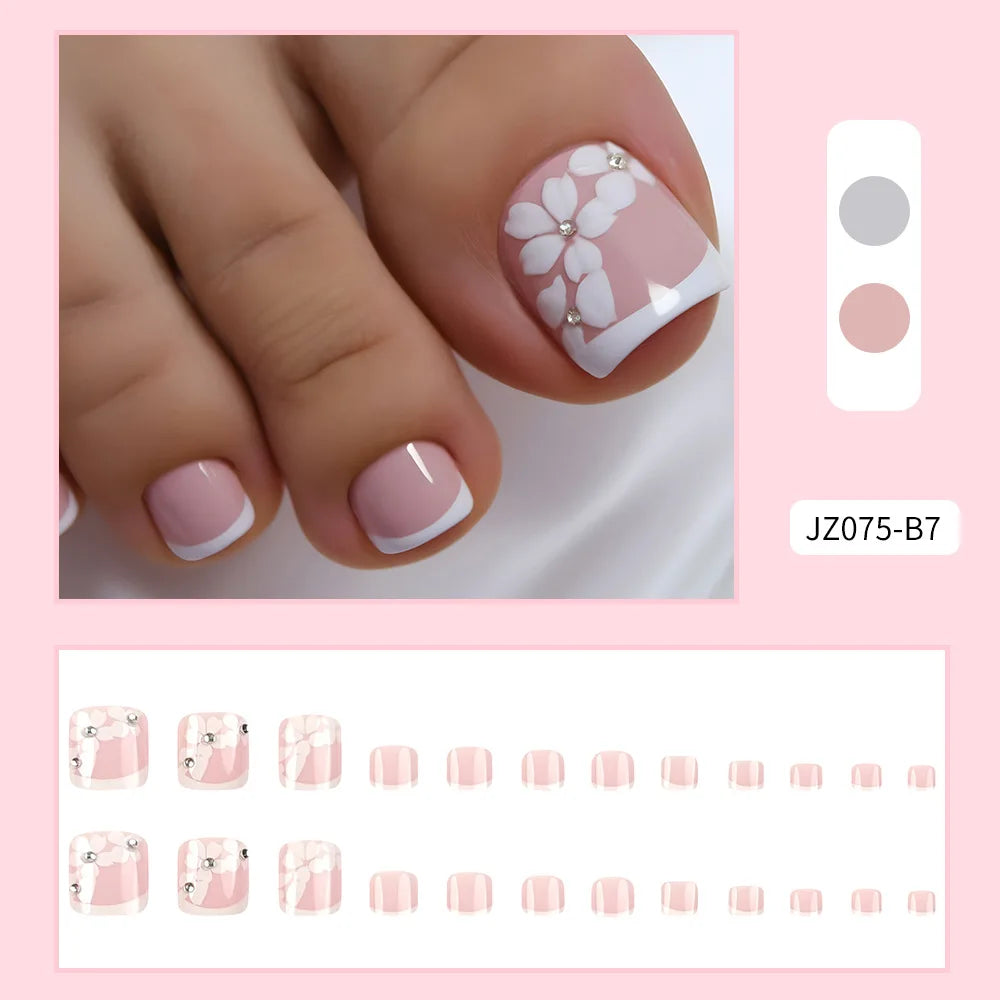 24 Pcs French Design Fake Toe Nail Press on Toe Nail Summer False Nails Acrylic Reusable Toe Nail Decorated Nails With Tool Kit