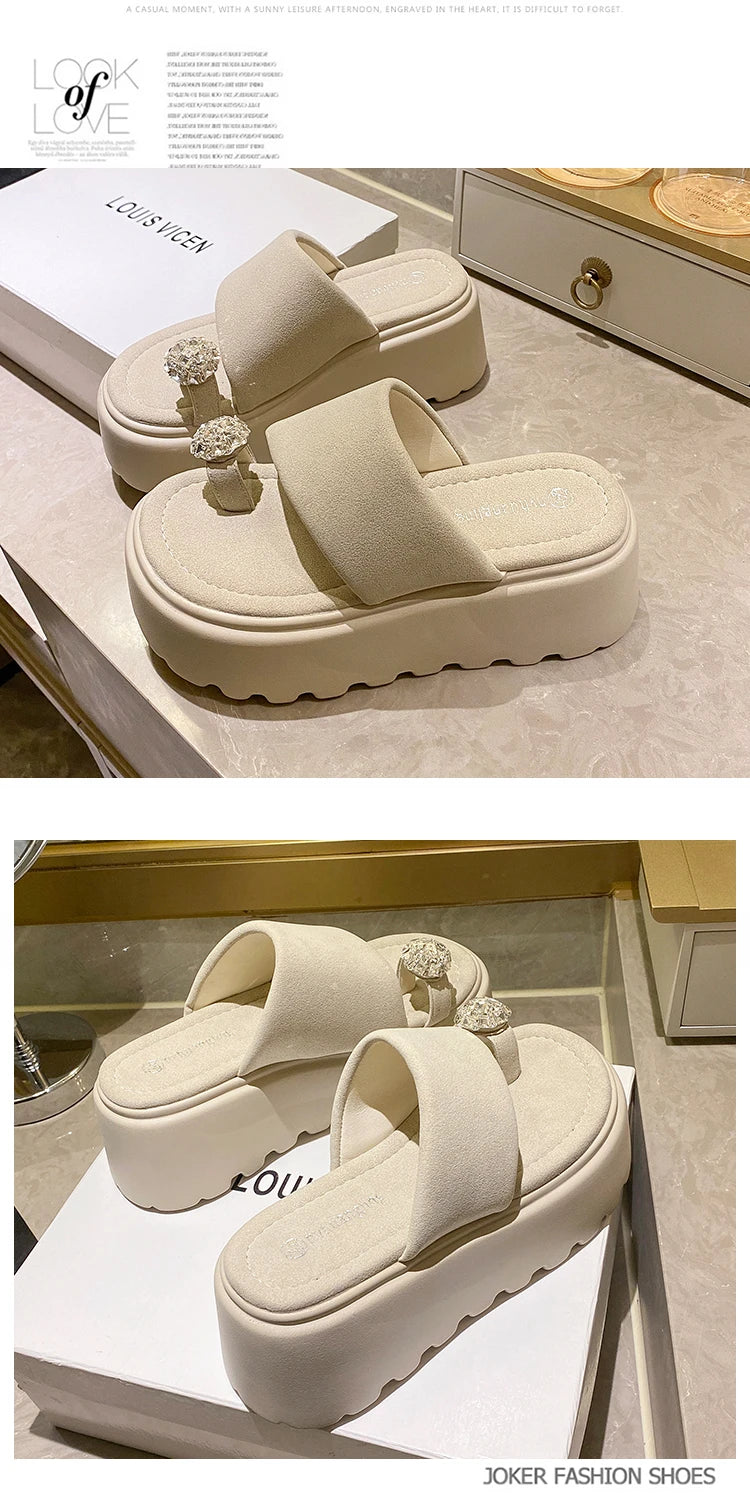 7cm Shiny Rhinestone High Platform Slippers Women Butterfiy-Knot Heels Chunky Sandals Woman Summer Thick Bottom Wedges Slides