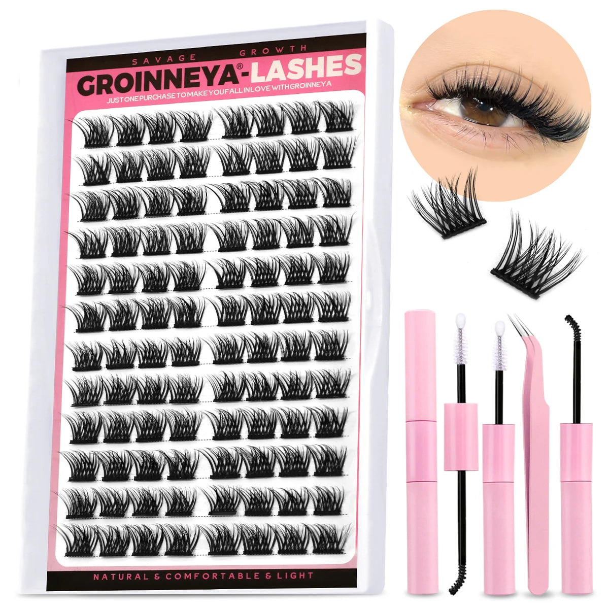 GROINNEYA Lash Clusters Kit DIY Lash Extension Volume Waterproof Individual Lashes Clusters Kit Lash Bond & Seal & Lash Tweezers