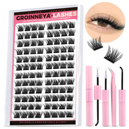 GROINNEYA Lash Clusters Kit DIY Lash Extension Volume Waterproof Individual Lashes Clusters Kit Lash Bond & Seal & Lash Tweezers