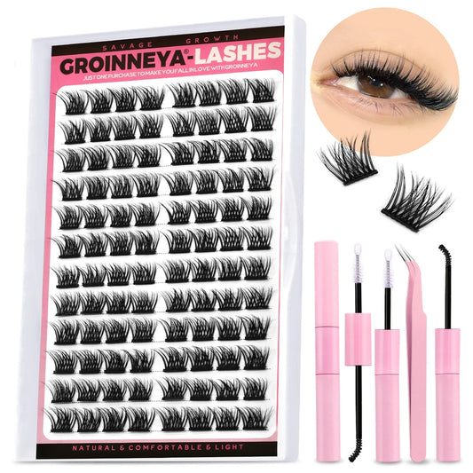 GROINNEYA Lash Clusters Kit DIY Lash Extension Volume Waterproof Individual Lashes Clusters Kit Lash Bond & Seal & Lash Tweezers