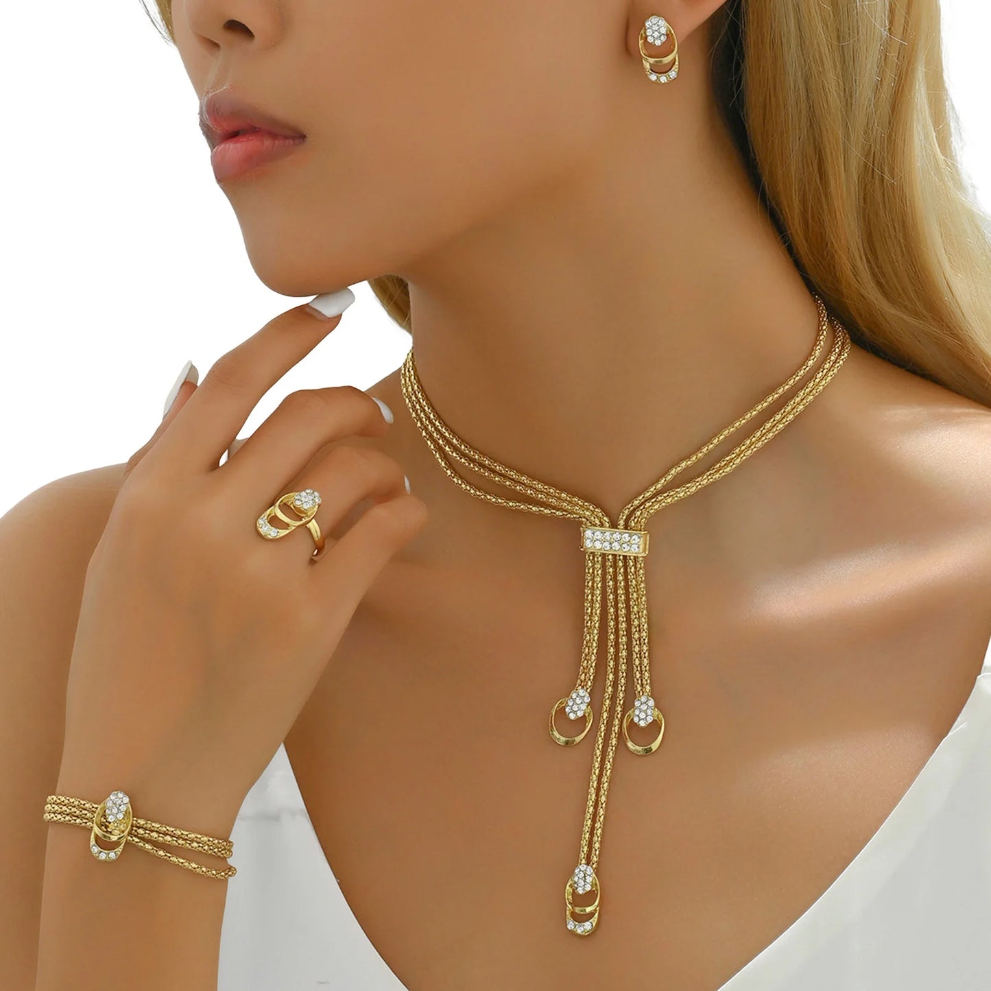 2025 Fashion Jewelry Set Luxury Alloy Long Tassel Necklace Bracelet Earrings Rings Elegant Women Banquet Wedding Accessories