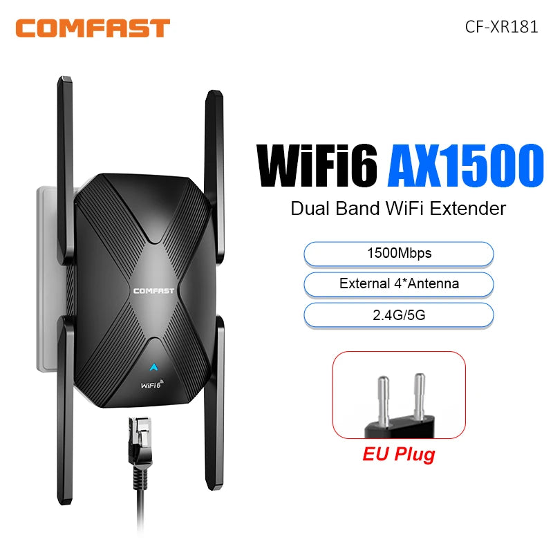 Comfast WiFi 6 Range Extender AX1500 2G&5GHz Dual Band WIFI6 Repeater 4*3dBi Antena Long Distance Range Signal Expansion Amplife