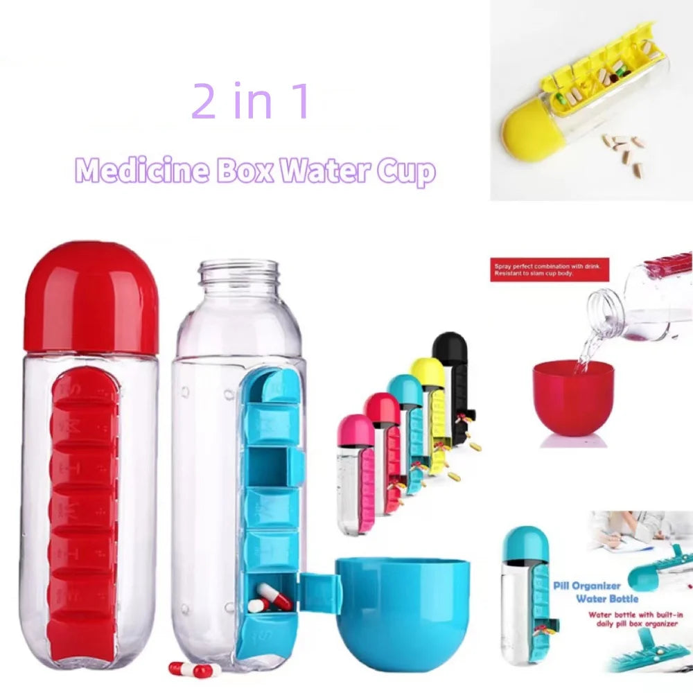 Portable Water Bottle With Built-in Pill Box for Medicines, Vitamins, Perfect for Outdoor, Gym, Fitness, Camping and Traveling