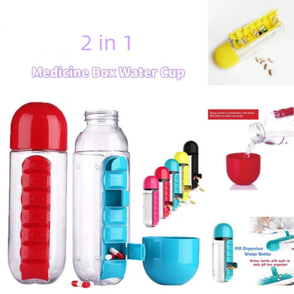 Portable Water Bottle With Built-in Pill Box for Medicines, Vitamins, Perfect for Outdoor, Gym, Fitness, Camping and Traveling